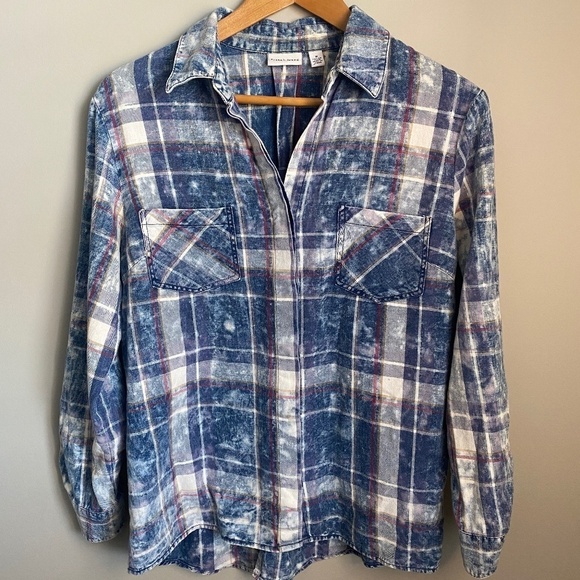 Tribal Jeans Women's Blue Acid Wash Plaid Long Sleeve Button Up Shirt Size Med - Picture 1 of 15